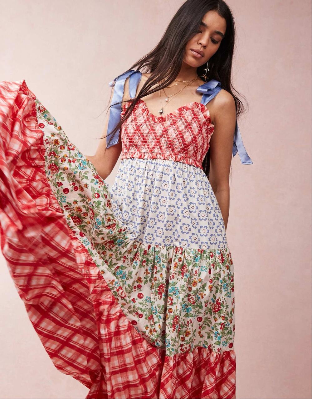 Free People Bluebell XS Cherry Bomb Ribbon-Tie Maxi Dress